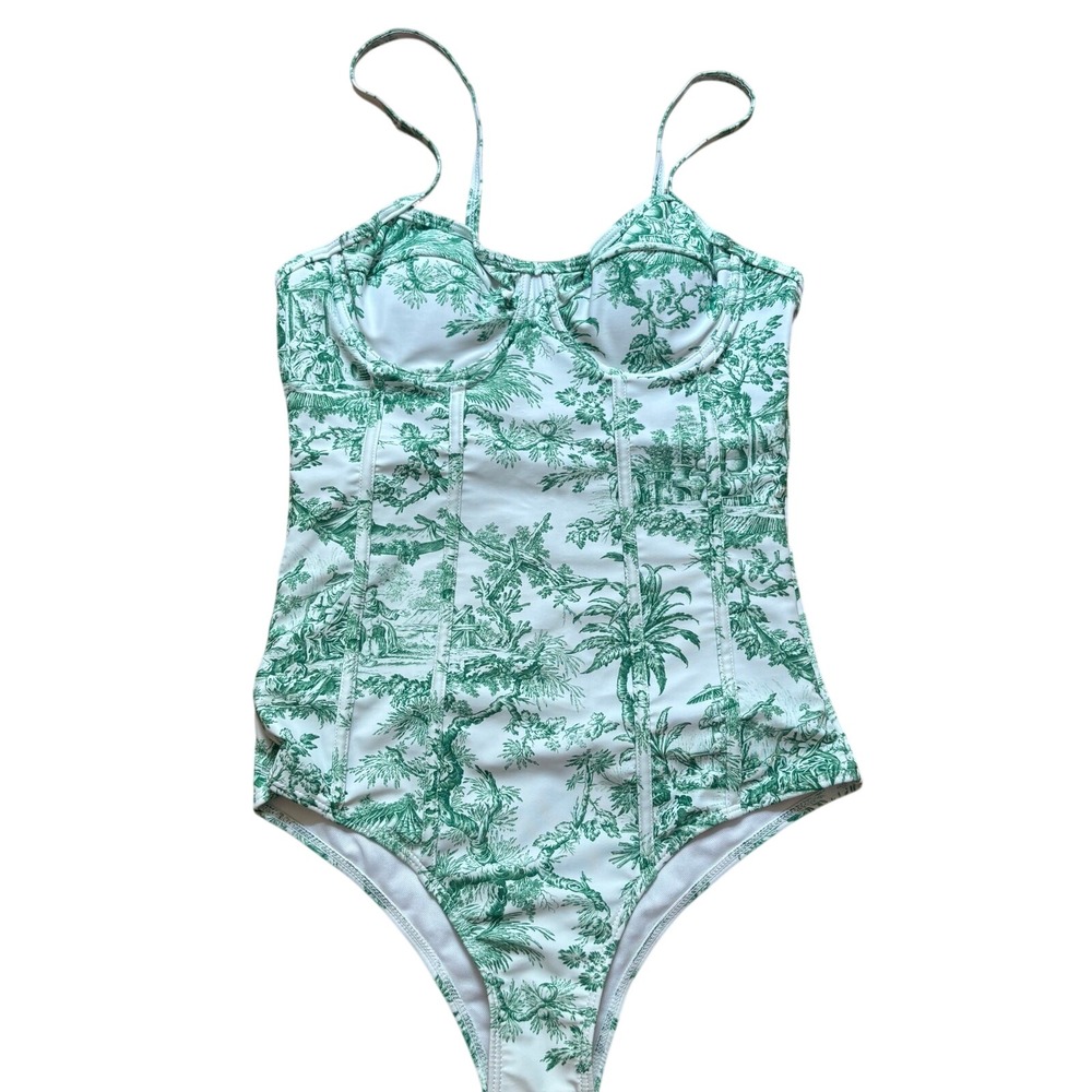 Shein white green French Toile print bustier one piece swimsuit SIZE M